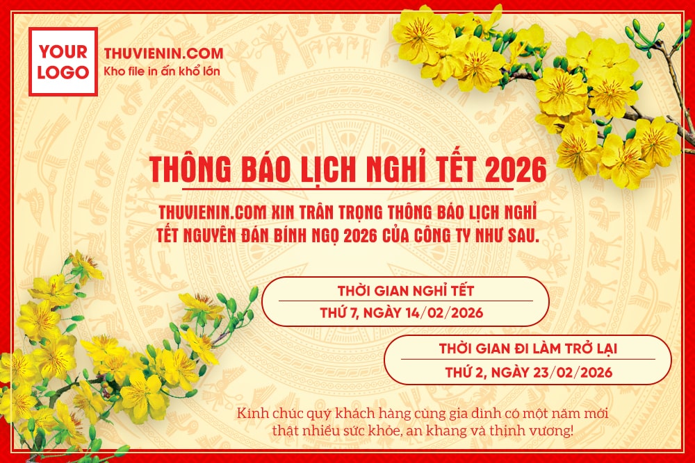 File thiết kế thông báo nghỉ Tết nền trống đồng và mai vàng TV313336