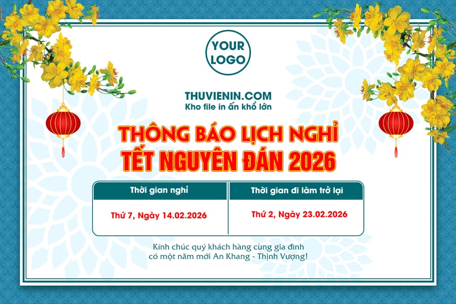 Mẫu banner thông báo nghỉ Tết Nguyên Đán đẹp, trang nhã với thiết kế mai vàng TV317449