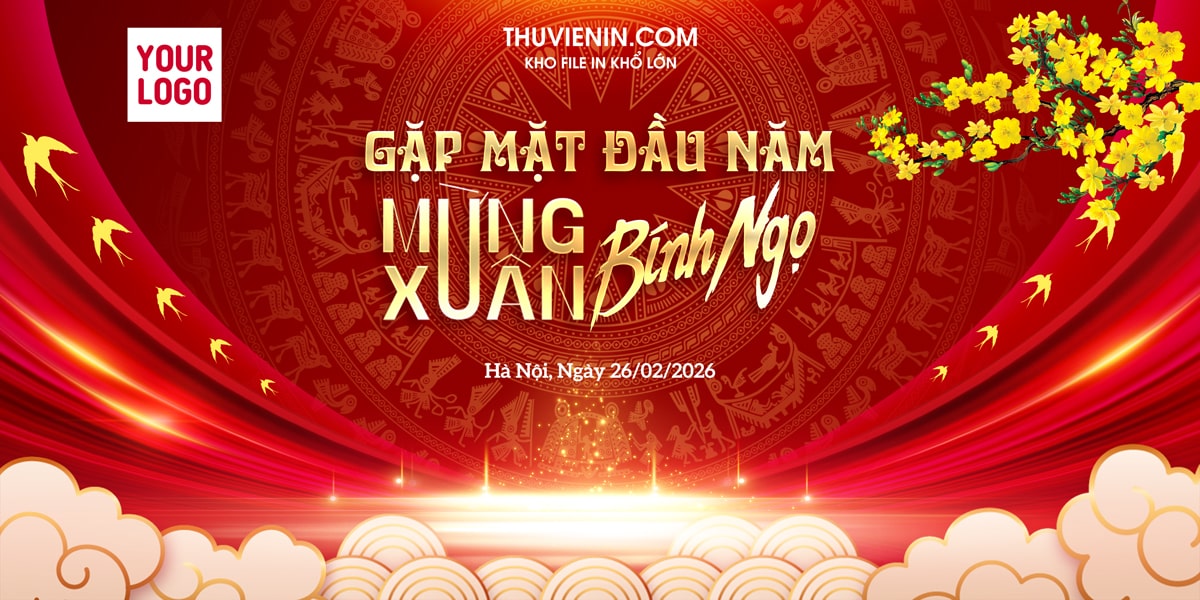 Mẫu file PSD thiết kế gặp mặt đầu năm mẫu trống đồng và mai vàng TV313337