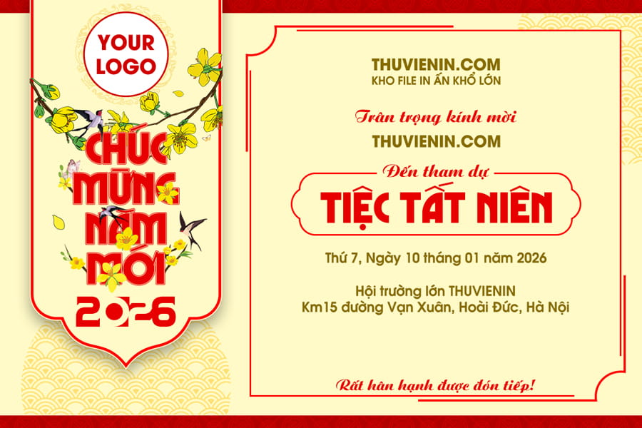 File PSD thiệp mời Tiệc Tất Niên với chim én và hoa mai TV317459