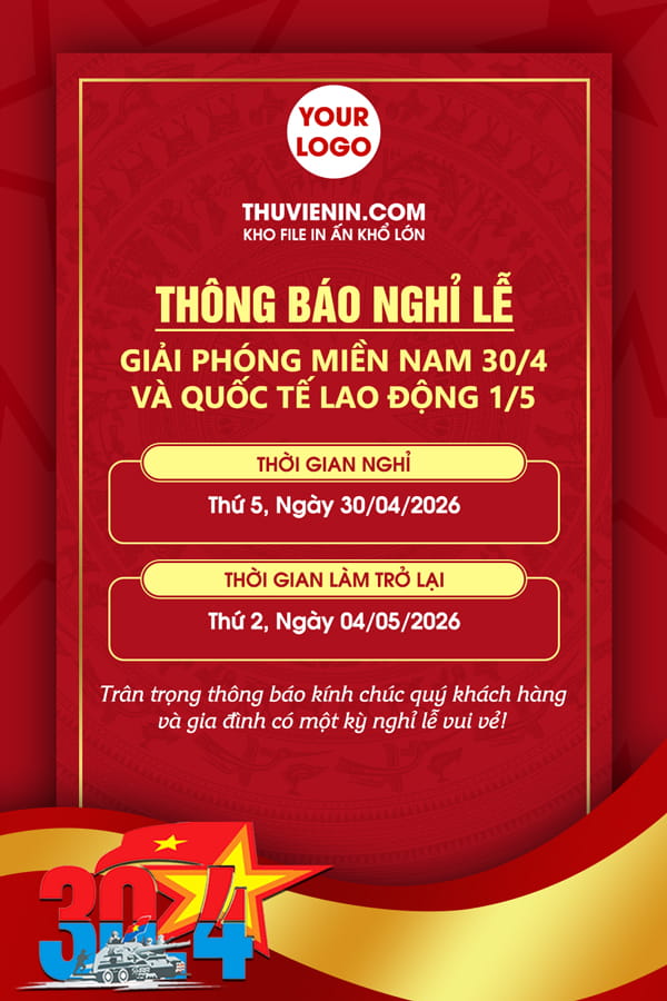 Mẫu file PSD thông báo lịch nghỉ lễ 30/4 và 1/5 nền đỏ trang trọng TV317048