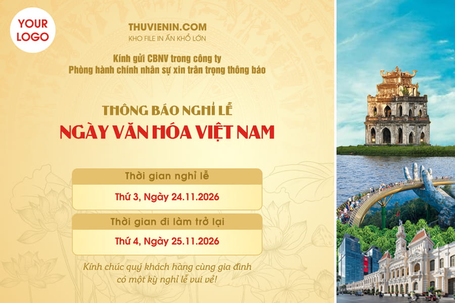 File PSD thiết kế mẫu thông báo nghỉ lễ ngày văn hóa Việt Nam với hình ảnh biểu tượng