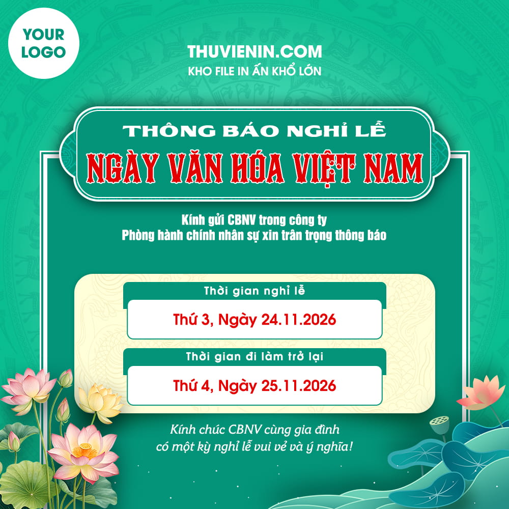 File PSD thiết kế thông báo nghỉ lễ ngày văn hóa Việt Nam tông xanh hoa sen