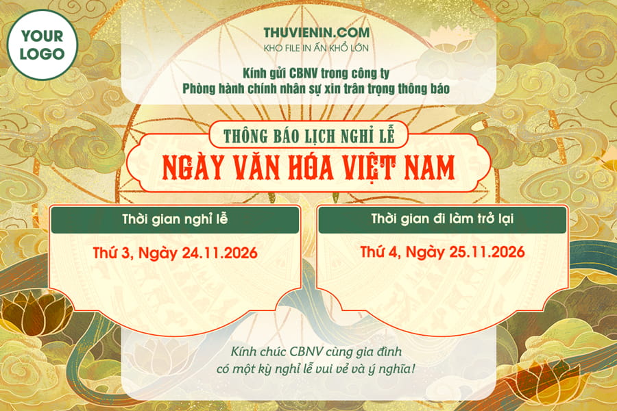 File thiết kế thông báo lịch nghỉ lễ ngày văn hóa Việt Nam phong cách cổ truyền