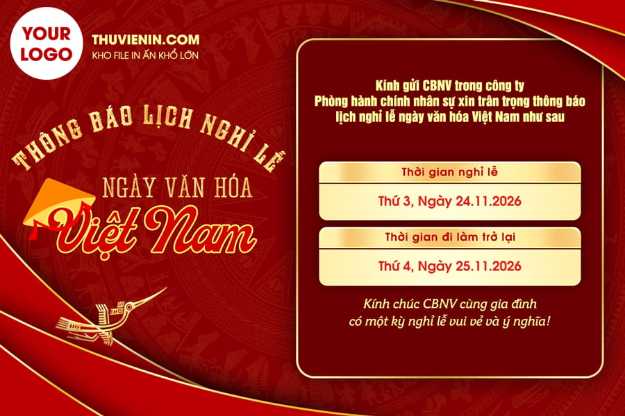 Mẫu file thiết kế thông báo nghỉ lễ ngày văn hóa Việt Nam tông đỏ sang trọng