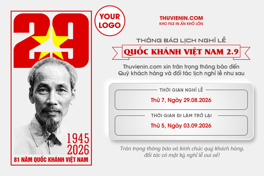 Mẫu file thiết kế thông báo lịch nghỉ lễ Quốc Khánh Việt Nam 2/9 tối giản trang trọng