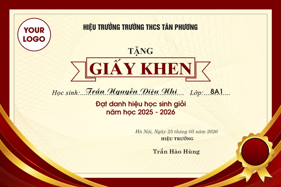Mẫu file thiết kế giấy khen học sinh đạt thành tích xuất sắc