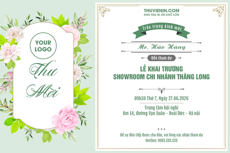 File PSD thiết kế thiệp mời khai trương hoa lá thanh lịch
